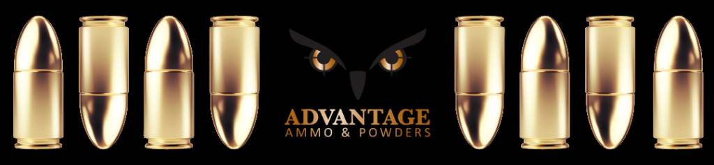 Graphic highlighting the advantage ammunition logo with golden bullets